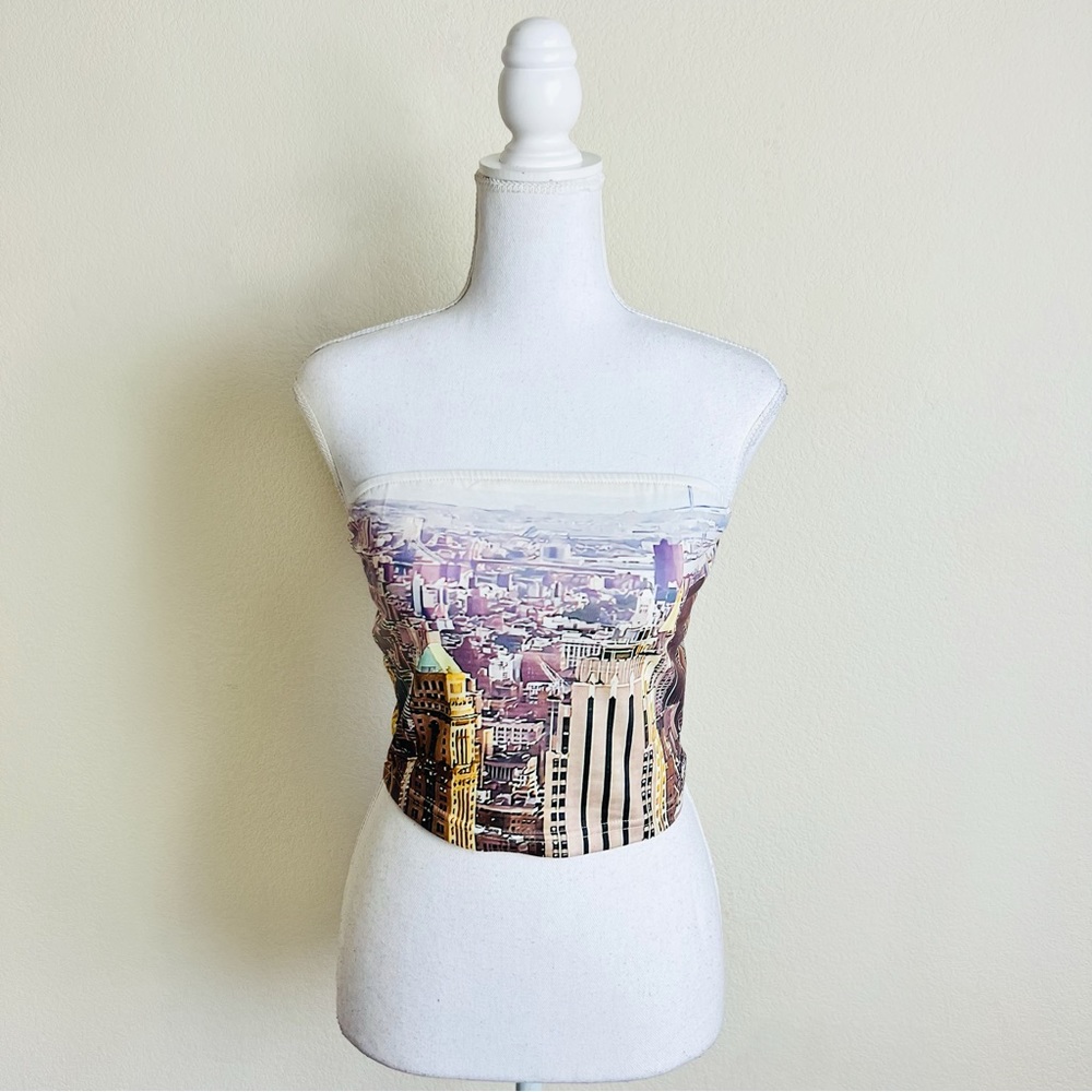 New York Aerial Skyline White Ombré Strapless Tube Top Crop Top